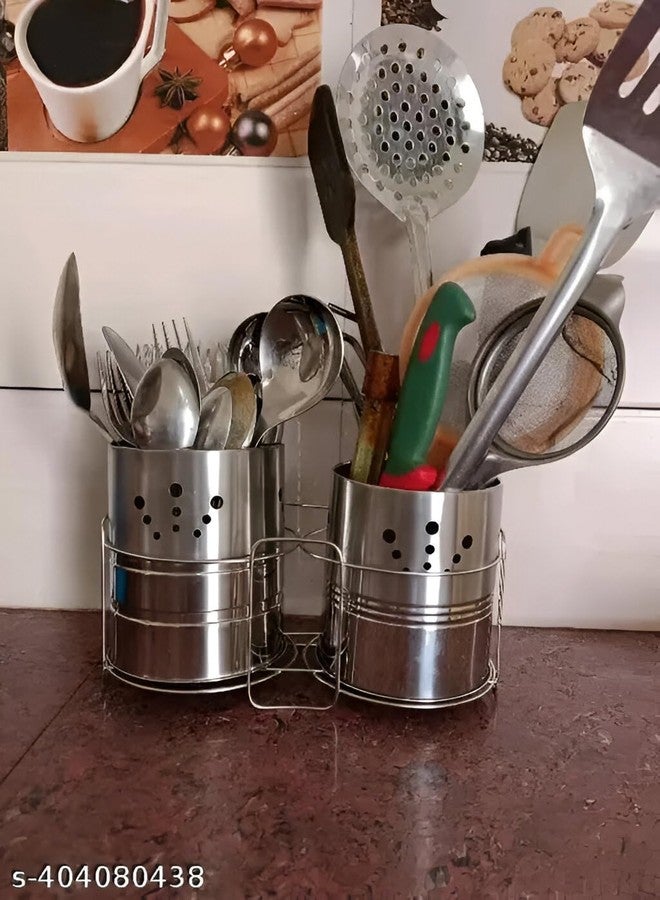 EvoFlex Stainless Steel Utensil Holder Set with Stand, Spoon Stand 4 and 5 Inches, Pack of 2, Silver - Image 5